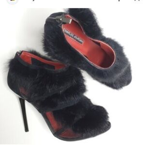 Charles jourdqn  Elegant Black Fur Women's Shoes